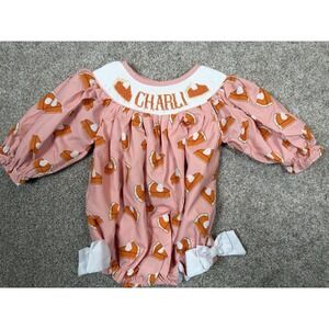Boutique Customized "Charli" Pumpkin Pie Smocked Bubble Bow Romper 3 months